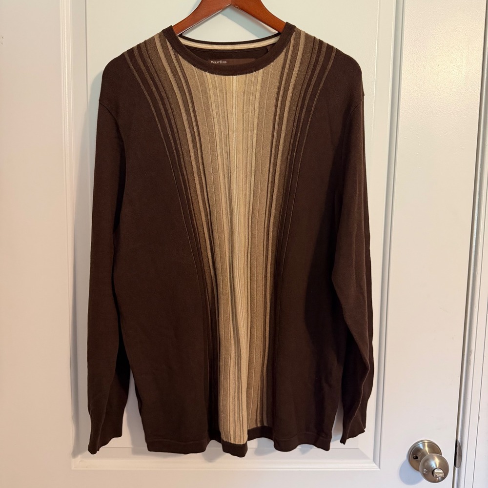 Perry Ellis Mens L Brown 90s Vertical Striped Crew Neck Cotton Rayon Sweater